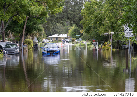 Hurricane flooded cars on city street in surrounded with water Florida residential area. Consequences of hurricane Debby natural disaster Hurricane flooded cars on city street in surrounded with water Florida residential area. Consequences of hurricane Debby natural disaster 134427316