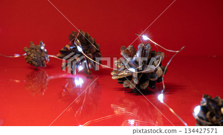 Christmas Pine Cones and Lights on Red Background 134427571