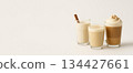 Assorted coffee drinks on light background, ideal for banners and copy space 134427661