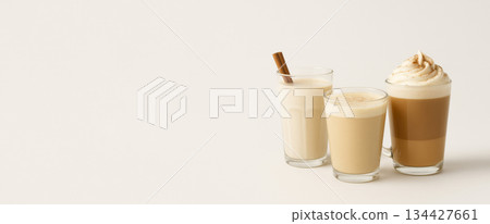 Assorted coffee drinks on light background, ideal for banners and copy space Assorted coffee drinks on light background, ideal for banners and copy space 134427661