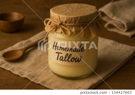 Jar of homemade tallow on rustic cloth in warm lighting, background Jar of homemade tallow on rustic cloth in warm lighting, background 134427663