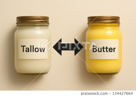 Tallow versus butter concept with arrow between jars on beige background Tallow versus butter concept with arrow between jars on beige background 134427664