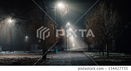 Empty City Park Path Illuminated by Streetlights at Night 134427735