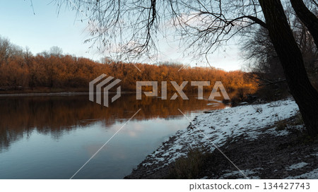 Golden Trees Reflected in Winter River 134427743