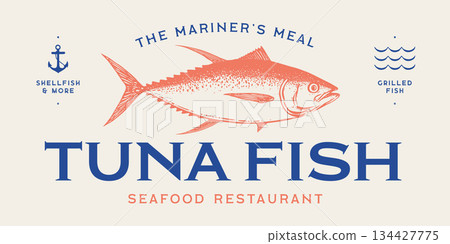 Gilt-head bream, fish, Dorado, seafood, sketch. Vintage retro print, seafood fish sketch, logo sign template, ink pencil style drawing, engrave old school. Hand drawn sketch fish. Vector Illustration 134427775