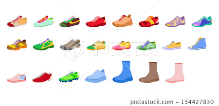 Sneakers shoe color set. Athletic running tennis hiking skate, soccer sneakers plimsoll, canvas, high top stretch trainer 134427830