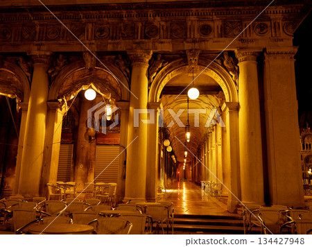 Landscape with Rialto Bridge and gondola Grand Canal in Venice, Italy, Europe. 134427948
