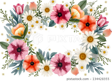 Colorful floral frame with various flowers and greenery on a white background for decoration 134428355