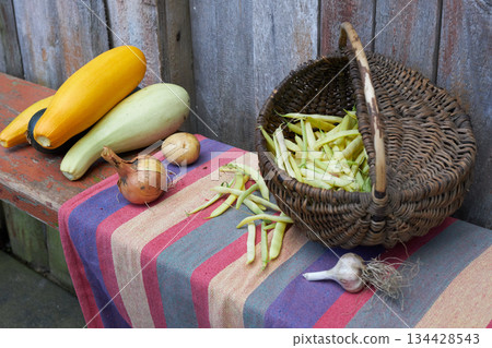 The vegetables are on the table. 134428543