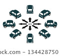 A set of 8 dark green stylized retro cars in isometric view, rotated at 45 degrees and shown from multiple angles. 134428750