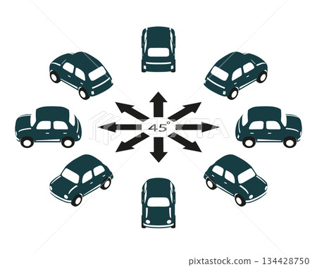 A set of 8 dark green stylized retro cars in isometric view, rotated at 45 degrees and shown from multiple angles. 134428750