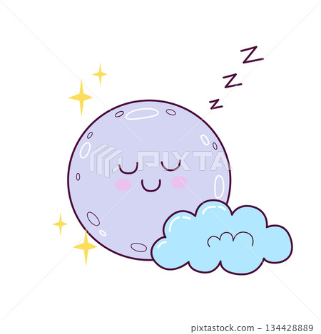 Cute sleeping moon with cloud illustration in hand drawn style Cute sleeping moon with cloud illustration in hand drawn style 134428889