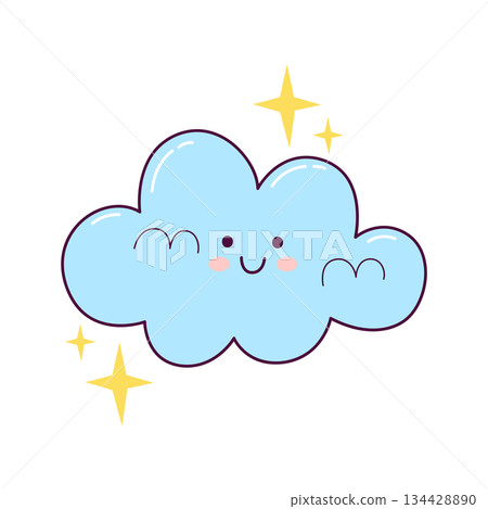 Cute smiling cloud illustration with sparkle stars in hand drawn style Cute smiling cloud illustration with sparkle stars in hand drawn style 134428890