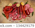 Delicious, aromatic appetizers of various salamis for the holidays. A selection of various smoked and dry-cured sausages and spices on a kitchen background. Advertising and menu for a store, 134429179