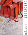 An assortment of various types of sausages, smoked meats, salami, and game sausages with lemon, spices, and herbs on a concrete table. Advertising and banner for a store, menu for a cafe or restaurant 134429180