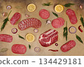 Delicious, aromatic appetizers of various salami cuts for the holidays. A selection of various smoked and dry-cured sausages and spices on a kitchen background. Advertising and menu for a store 134429181