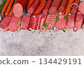 Delicious, aromatic appetizers of various salamis for the holidays. A selection of various smoked and dry-cured sausages and spices on a kitchen background. Advertising and menu for a store, 134429191