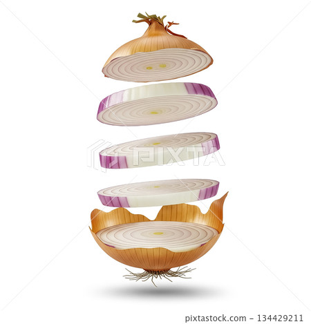 Sliced onion displaying inner layers and texture floating in mid-air against a white background 134429211