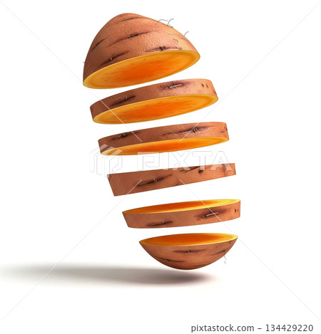 Sliced sweet potato floating in mid-air with a smooth shadow underneath 134429220