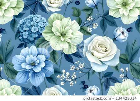 Beautiful floral pattern featuring various roses and blue flowers set against a blue background for decorative use in home decor 134429314