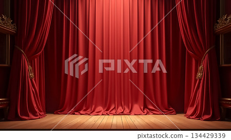Red velvet curtains on a theater stage before a performance at night 134429339