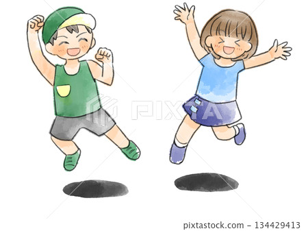 Illustration of children jumping in short sleeves, hand-drawn, watercolor style 134429413