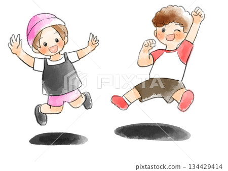 Illustration of children jumping in short sleeves, hand-drawn, watercolor style 134429414