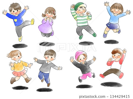 Illustration of children jumping in long sleeves, hand-drawn, watercolor style 134429415