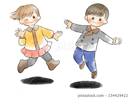 Illustration of children in winter clothes jumping, hand-drawn, watercolor style 134429422