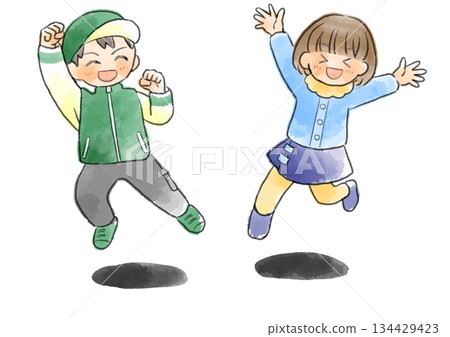 Illustration of children in winter clothes jumping, hand-drawn, watercolor style 134429423