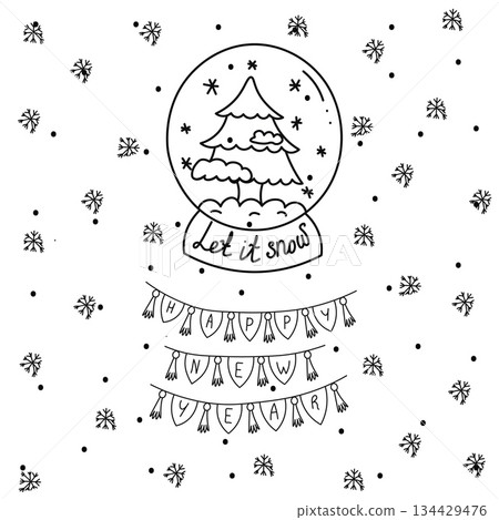Doodle Style Illustration with Snow Globe and Happy New Year Title Doodle Style Illustration with Snow Globe and Happy New Year Title 134429476