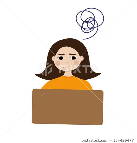 Stressed woman at laptop with tangled thoughts, ideal for mental health, burnout Stressed woman at laptop with tangled thoughts, ideal for mental health, burnout 134429477