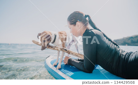 Woman Dog Paddleboard Beach - Woman and dog paddleboarding together on a sunny day at the beach. Woman Dog Paddleboard Beach - Woman and dog paddleboarding together on a sunny day at the beach. 134429508