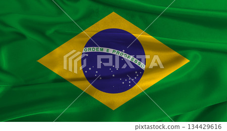 Flag of Brazil with fabric textured background. Close up of National flag of Brazil with realistic texture Flag of Brazil with fabric textured background. Close up of National flag of Brazil with realistic texture 134429616