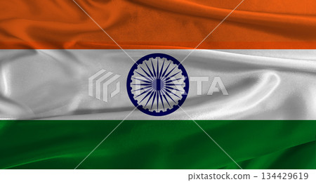 Flag of India with fabric textured background. Close up of National flag of India with realistic texture Flag of India with fabric textured background. Close up of National flag of India with realistic texture 134429619