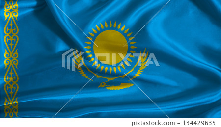 Kazakhstan flag with cloth textured background. National flag of Kazakhstan with realistic texture 134429635