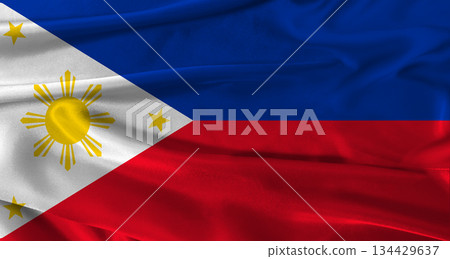 Flag of the Philippines with fabric textured background. Close up of National flag of the Philippines with realistic texture Flag of the Philippines with fabric textured background. Close up of National flag of the Philippines with realistic texture 134429637