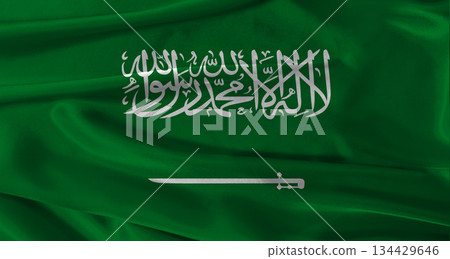 Flag of Saudi Arabia with fabric textured background. Close up of National flag of Saudi Arabia with realistic texture 134429646