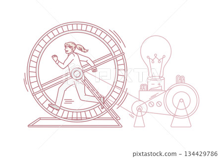 Motivated woman run in wheel generate creative ideas Motivated woman run in wheel generate creative ideas 134429786