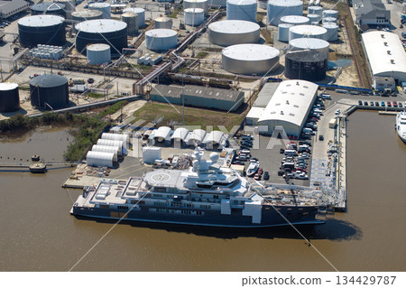 Construction shipyard for assembling of luxury yachts. Commercial dock for sea ships manufacturing 134429787