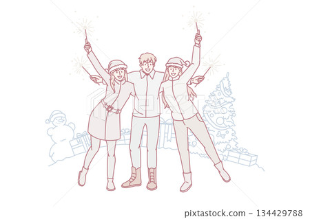 Happy diverse friends celebrate New Year outdoors 134429788