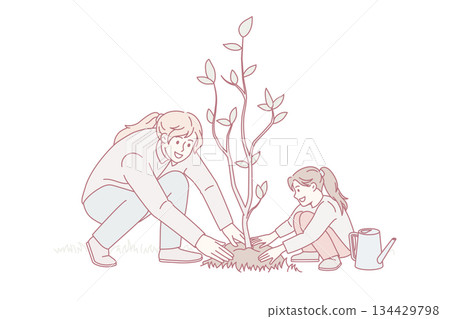 Happy mom and daughter plant tree together Happy mom and daughter plant tree together 134429798