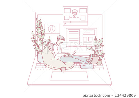 Guy use laptop watch video tutorial online 134429809