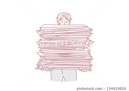 Stressed man with pile of paperwork material 134429826