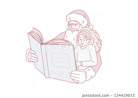 Santa Claus and girl child read book together Santa Claus and girl child read book together 134429833