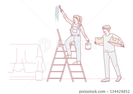 Happy couple decorate repair house together Happy couple decorate repair house together 134429852