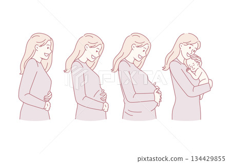 Smiling woman during different pregnancy stages 134429855