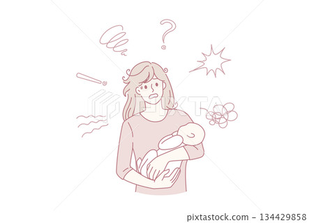 Anxious young mom suffer from postpartum depression Anxious young mom suffer from postpartum depression 134429858