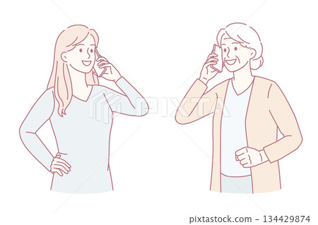 Happy girl talk on cellphone with mature grandma 134429874