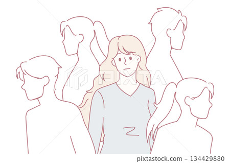 Sad woman feel lonely in crowd 134429880